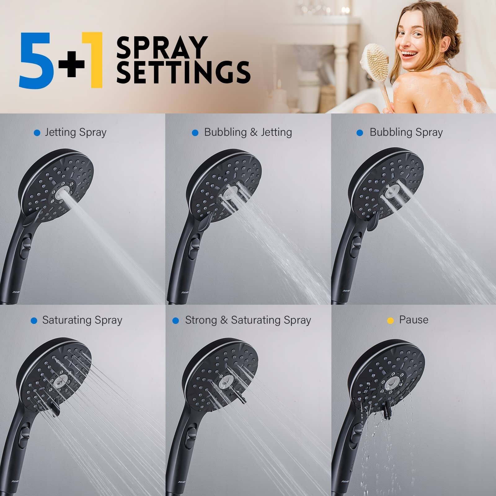 5+1 SPRAY SETTINGS

- Jetting Spray
- Bubbling & Jetting
- Bubbling Spray
- Saturating Spray
- Strong & Saturating Spray
- Pause