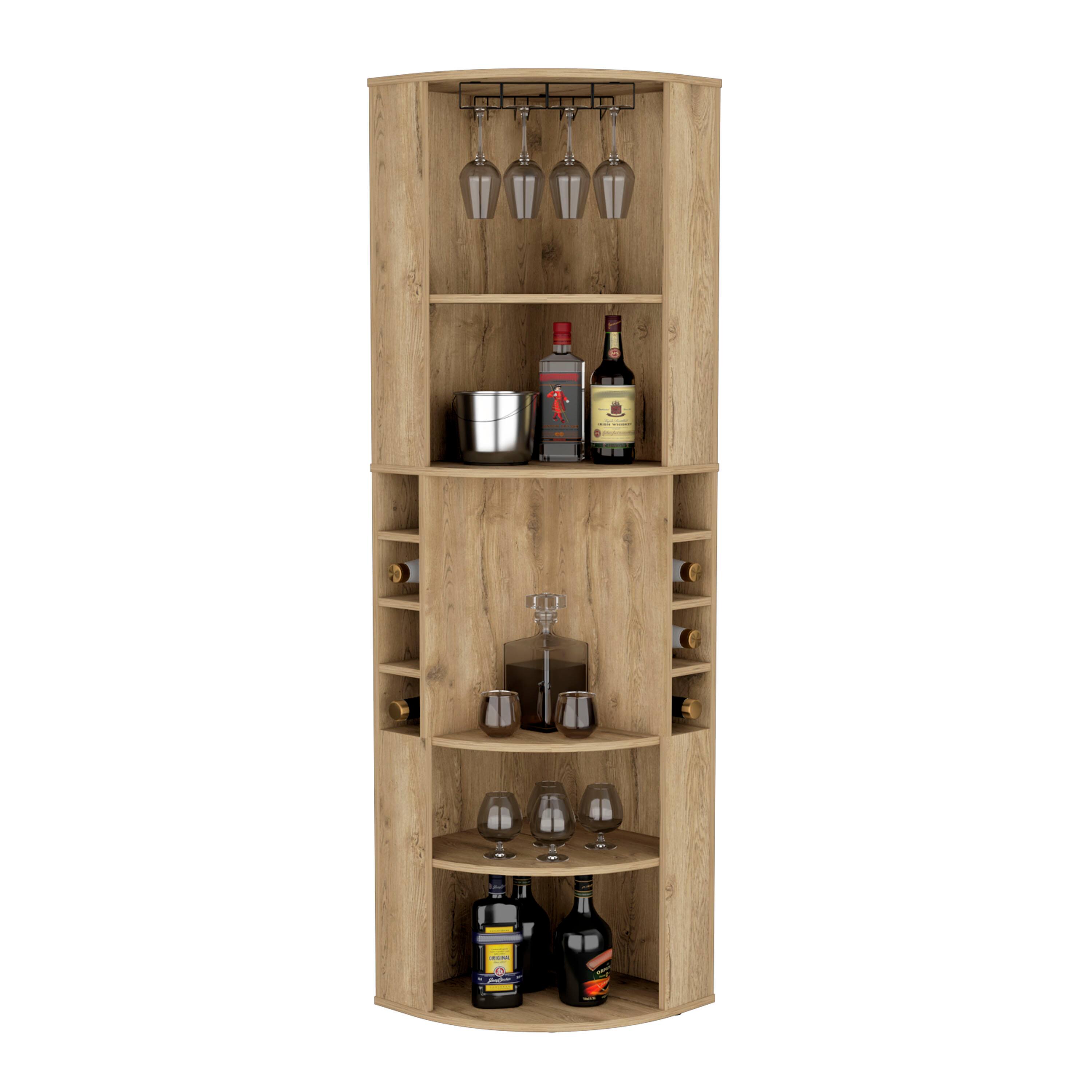 Back. TuHome - Oban Corner Bar Cabinet with Five Shelves, Eight Bottle Cubbies andSteamware, Bar Room. - Macadamia.