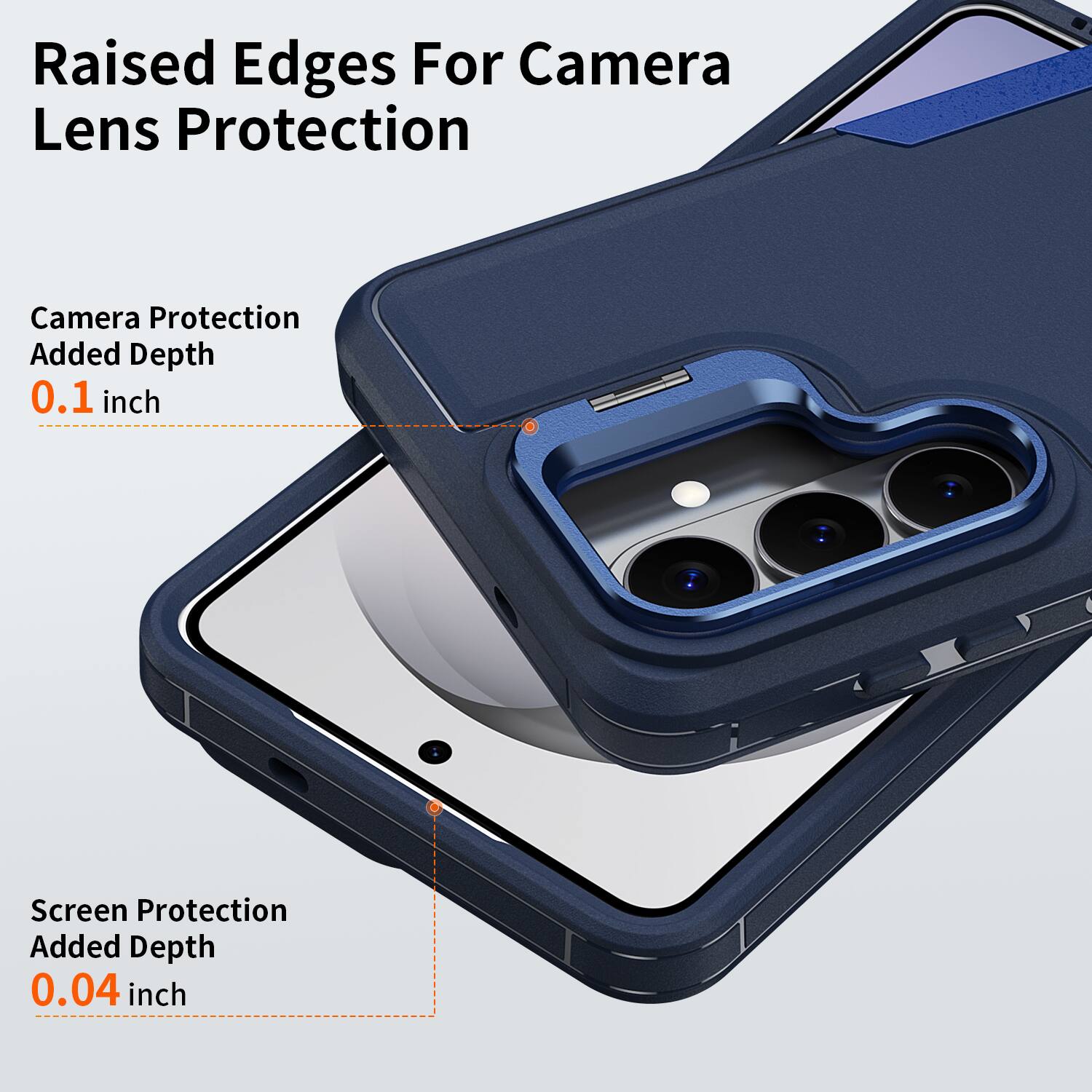 Raised Edges For Camera Lens Protection

Camera Protection Added Depth 0.1 inch

Screen Protection Added Depth 0.04 inch