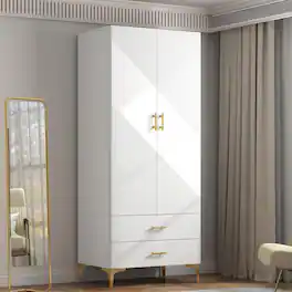 Tiramisubest - Wardrobe Armoire with 2 Drawers and Hanging Rods,Twill Wooden Closet Storage with Metal Cabinet Legs,(Right Modern) - White