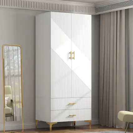 Front. Tiramisubest - Wardrobe Armoire with 2 Drawers and Hanging Rods,Twill Wooden Closet Storage with Metal Cabinet Legs,White(Right Modern) - White.