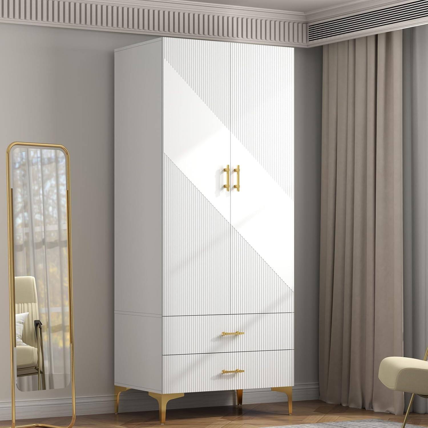 Front. Tiramisubest - Wardrobe Armoire with 2 Drawers and Hanging Rods,Twill Wooden Closet Storage with Metal Cabinet Legs,White(Right Modern) - White.