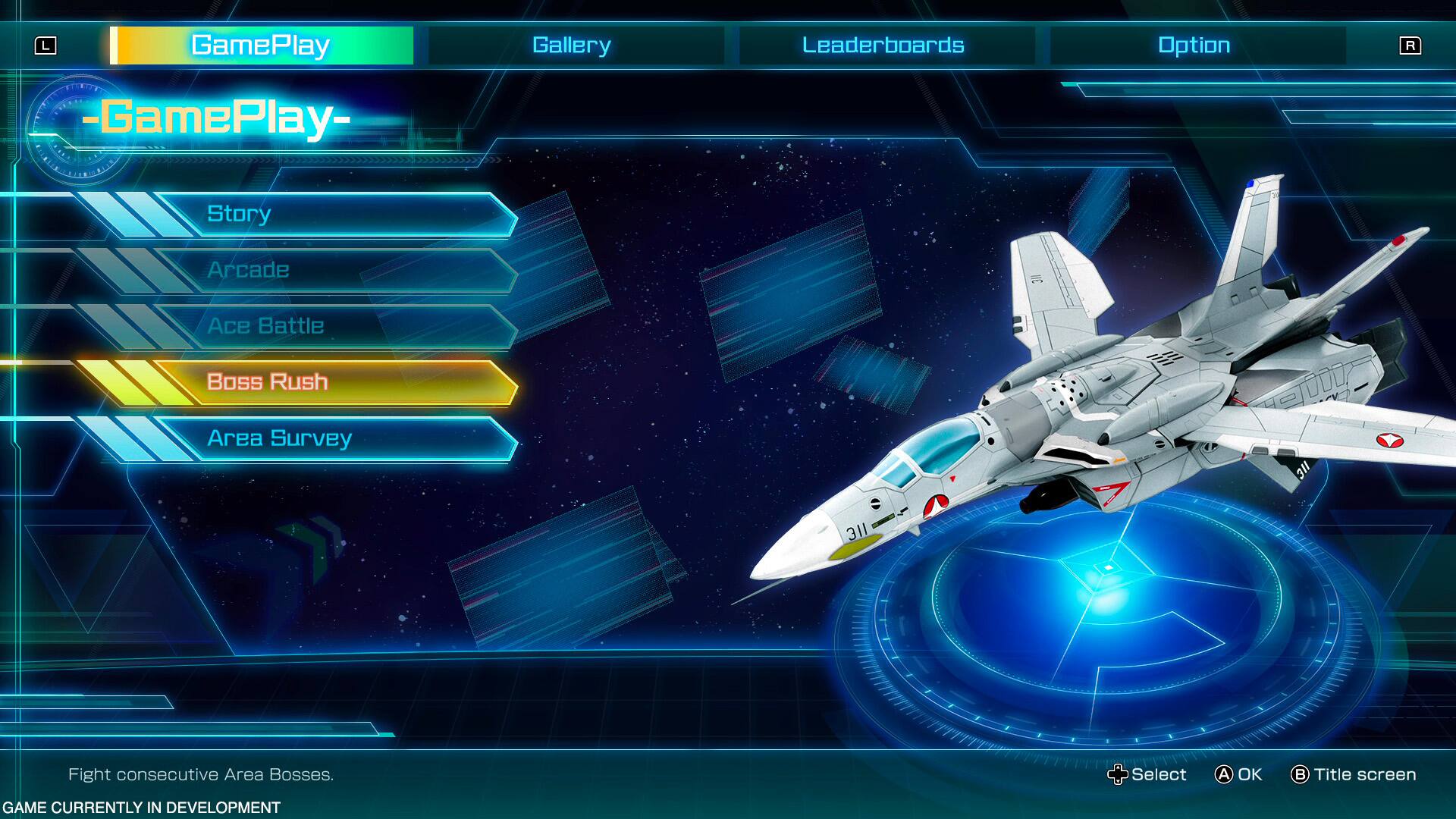 The text on the image can be grouped and corrected as follows:

1. GamePlay Gallery: This is a menu option that allows players to view and browse through the game's artwork and visuals.
2. Leaderboards: This is a menu option that displays the top scores and rankings of players in the game.
3. Option: This is a menu option that provides access to additional settings or options within the game.
4. R -GamePlay- Story: This is a menu option that allows players to start a new game with a story-based campaign.
5. Arcade Ace: This is a menu option that offers a more casual and arcade-style gameplay experience.
6. Boss Rush: This is a menu option that challenges players to defeat a series of bosses in succession.
7. Area Survey: This is a menu option that tasks players with surveying and exploring different areas within the game.
8. Title screen: This is the initial screen that players see when they start the game, which may include the game's title, logo, and other relevant information.
9. GAME CURRENTLY IN DEVELOPMENT: This text indicates that the game is still in the development phase and may not be fully released or complete.