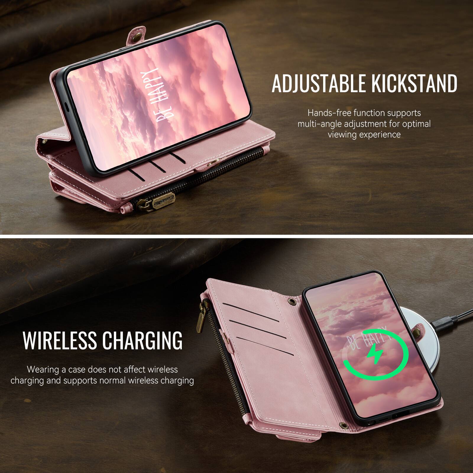 ADJUSTABLE KICKSTAND  
Hands-free function supports multi-angle adjustment for optimal viewing experience  

WIRELESS CHARGING  
Wearing a case does not affect wireless charging and supports normal wireless charging