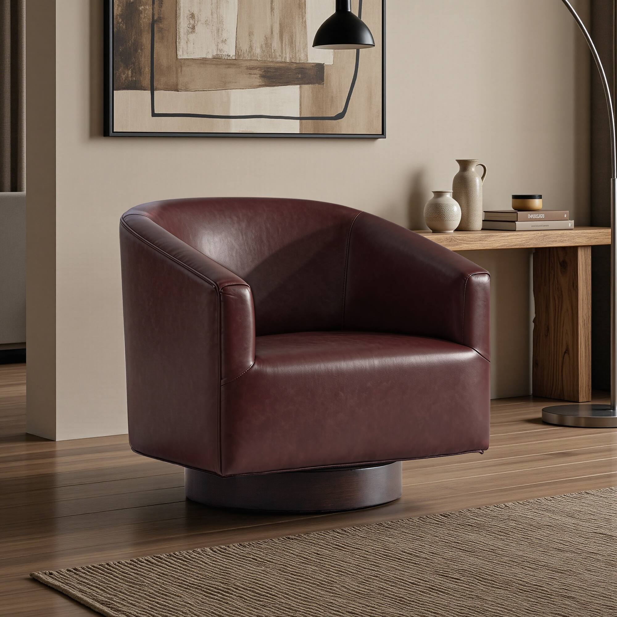 Alt View 5. KERDOM - Swivel Single Sofa Side Chair, Living Room Accent Armchair, PU Leather Round Barrel Chair Club Chair, No Assembly Needed - Reddish Brown.