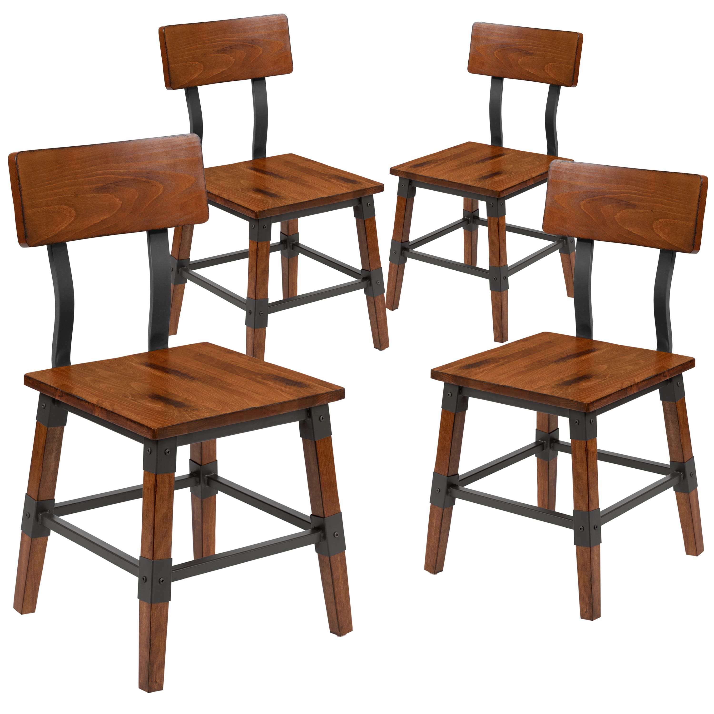 Emma + Oliver - 4 Pack Commercial Grade Rustic Antique Industrial Style Wood Dining Chair - Walnut