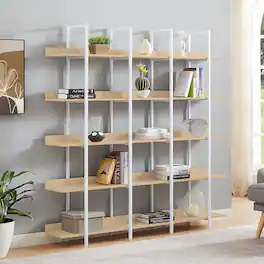 Boyel Living - 5 Tier Bookcase Home Office Open Bookshelf Vintage Industrial Style MDF White Metal Frame Oak - White+Oak