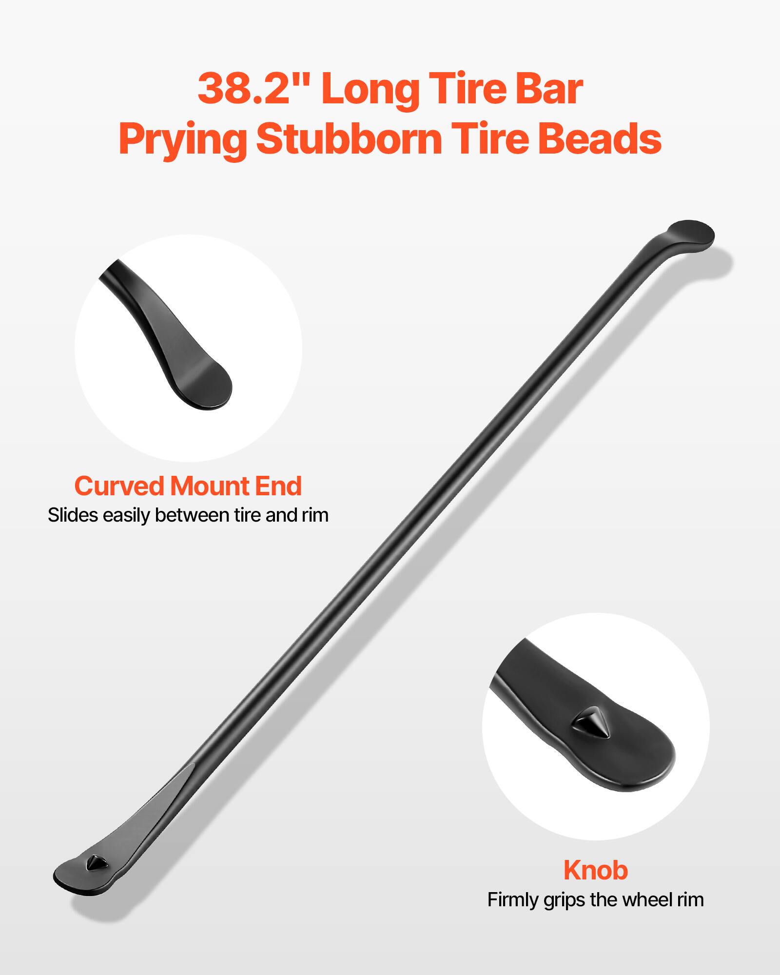 38.2" Long Tire Bar  
Prying Stubborn Tire Beads  

Curved Mount End  
Slides easily between tire and rim  

Knob  
Firmly grips the wheel rim