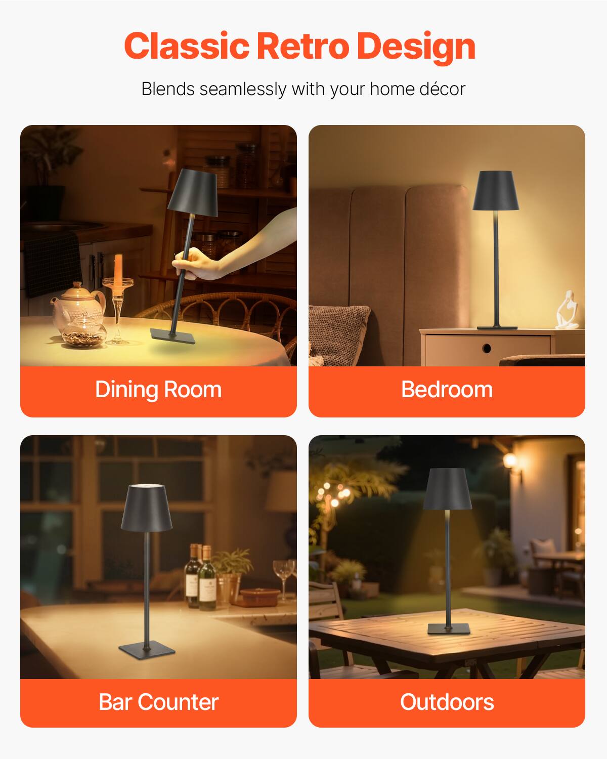 Classic Retro Design  
Blends seamlessly with your home décor  

Dining Room  
Bedroom  
Bar Counter  
Outdoors