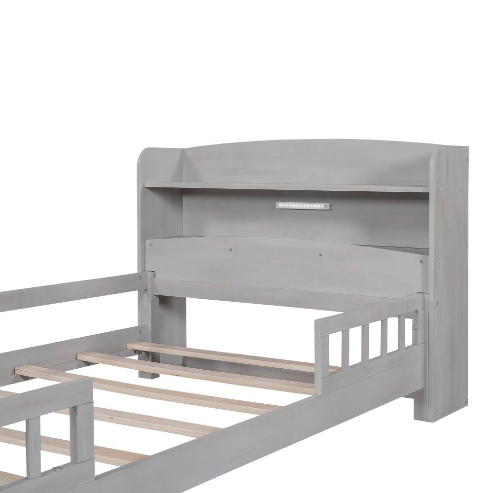 Alt View 7. Loheer - Loheer Twin Platform Bed with LED Light Storage Headboard Antique Grey Wood Frame - Antique Grey.