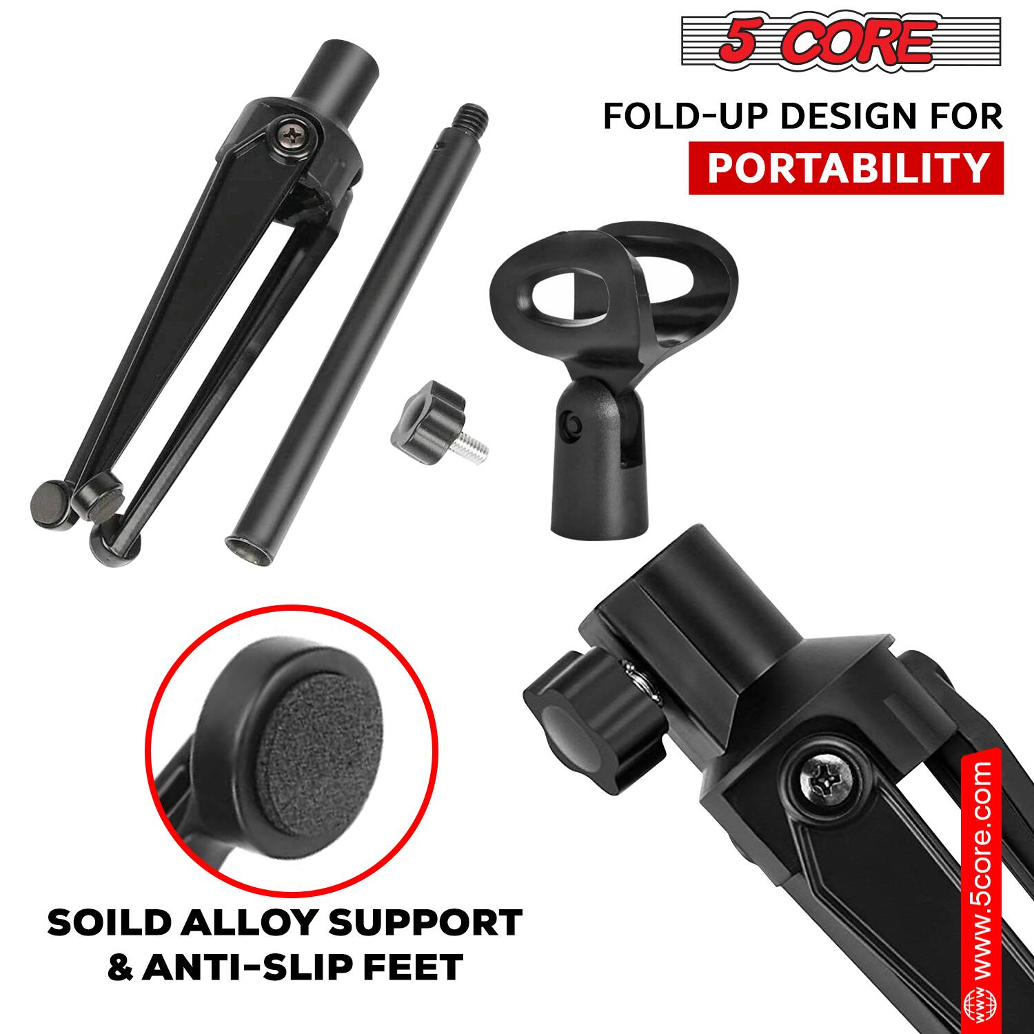 Alt View 2. 5 CORE - 5 Core Desk Mic Stand Height Adjustable Desktop Microphone Stands Metal Tripod Portable Foldable - Black.