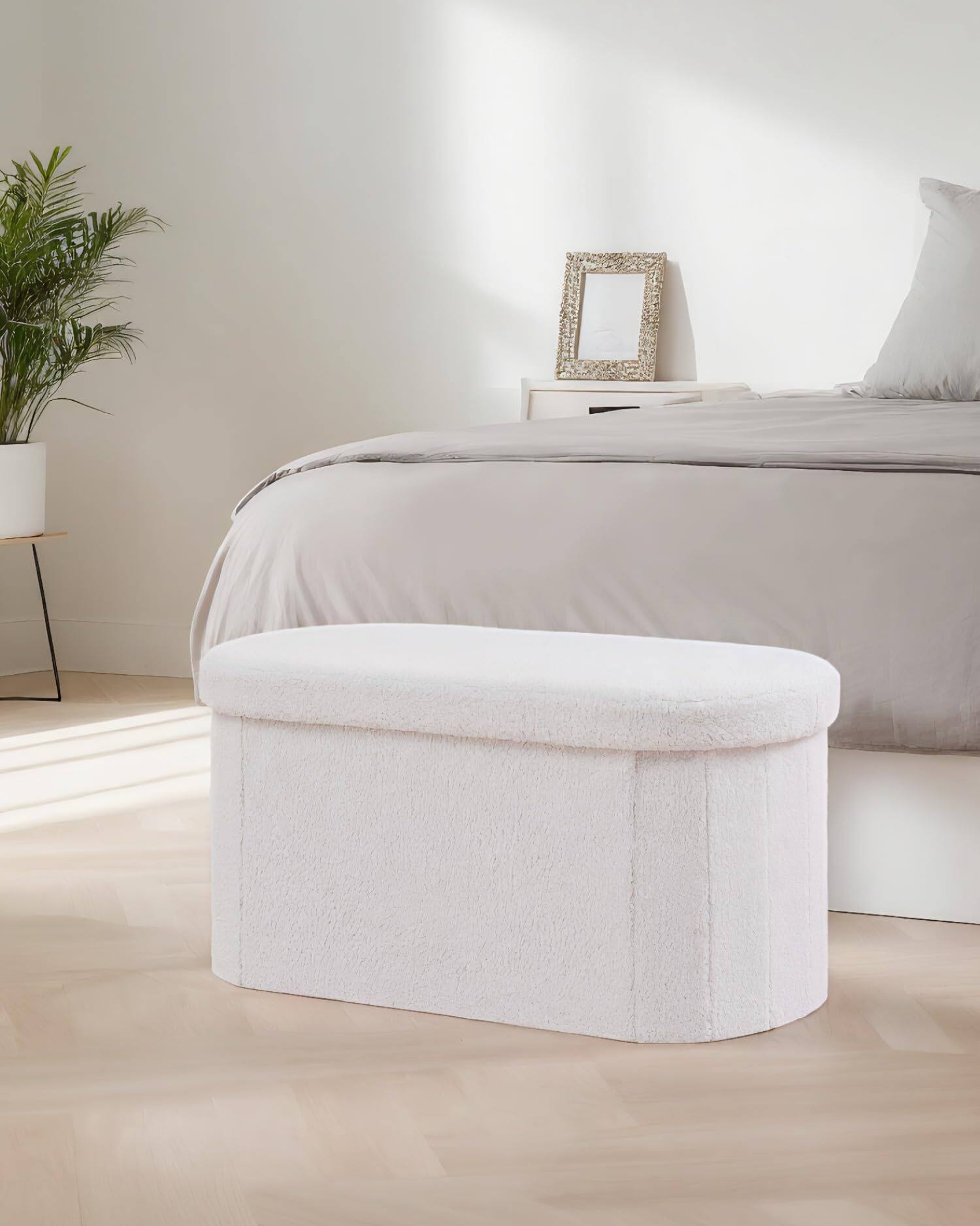 Left. JETRANSPORT - Oval Foldable Ottoman Storage Teddy Boucle Fabric Footrest Bench Living Room Bedroom Entryway Dorm White - Black 43.3"D x 15"W x 15"H.