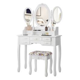 Ecooso - Tri-Folding Mirror Vanity Table Set with Comfortable Stool and Ample Counter Space - White