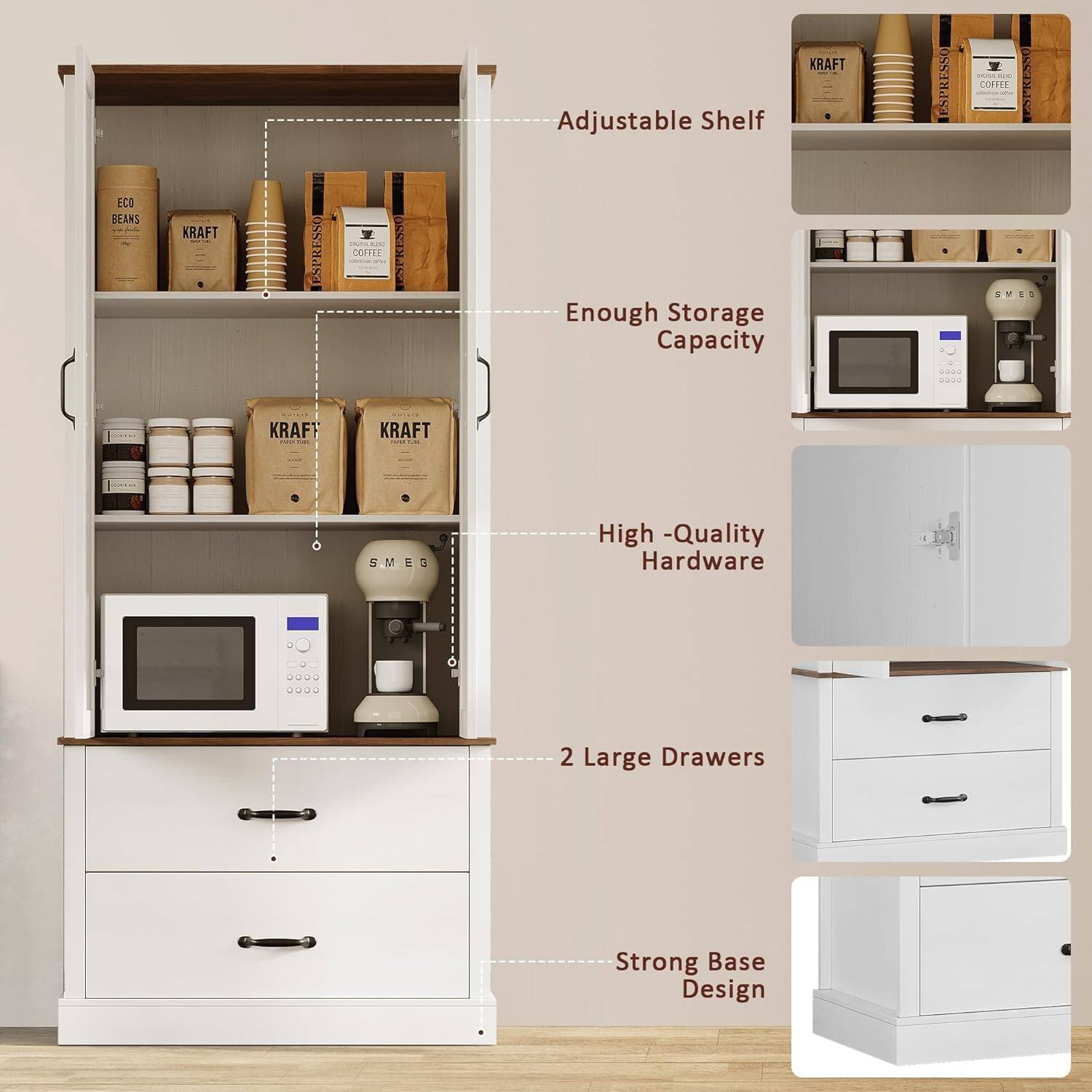 Adjustable Shelf  
KRAFT ESPRESSO 7 | COFFEE ORN4 CO REANS P KRAFT ESPRESSO Z C.C. comr ESPRESSO  
Enough Storage Capacity  
High-Quality Hardware  
2 Large Drawers  
Strong Base Design