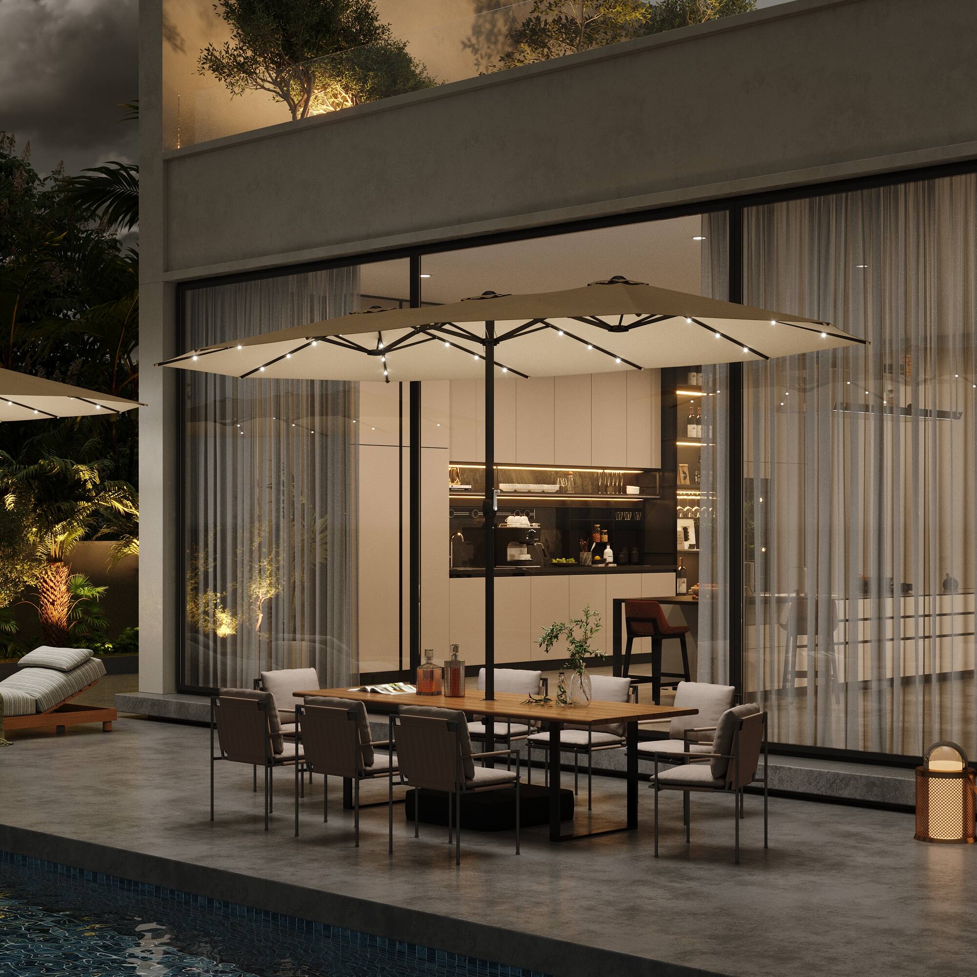 Angle. Famapy - Large Rectangular Outdoor Patio Umbrella with Integrated Edge LED Lights Day-to-Night Shade Multiple Colors - Sand.