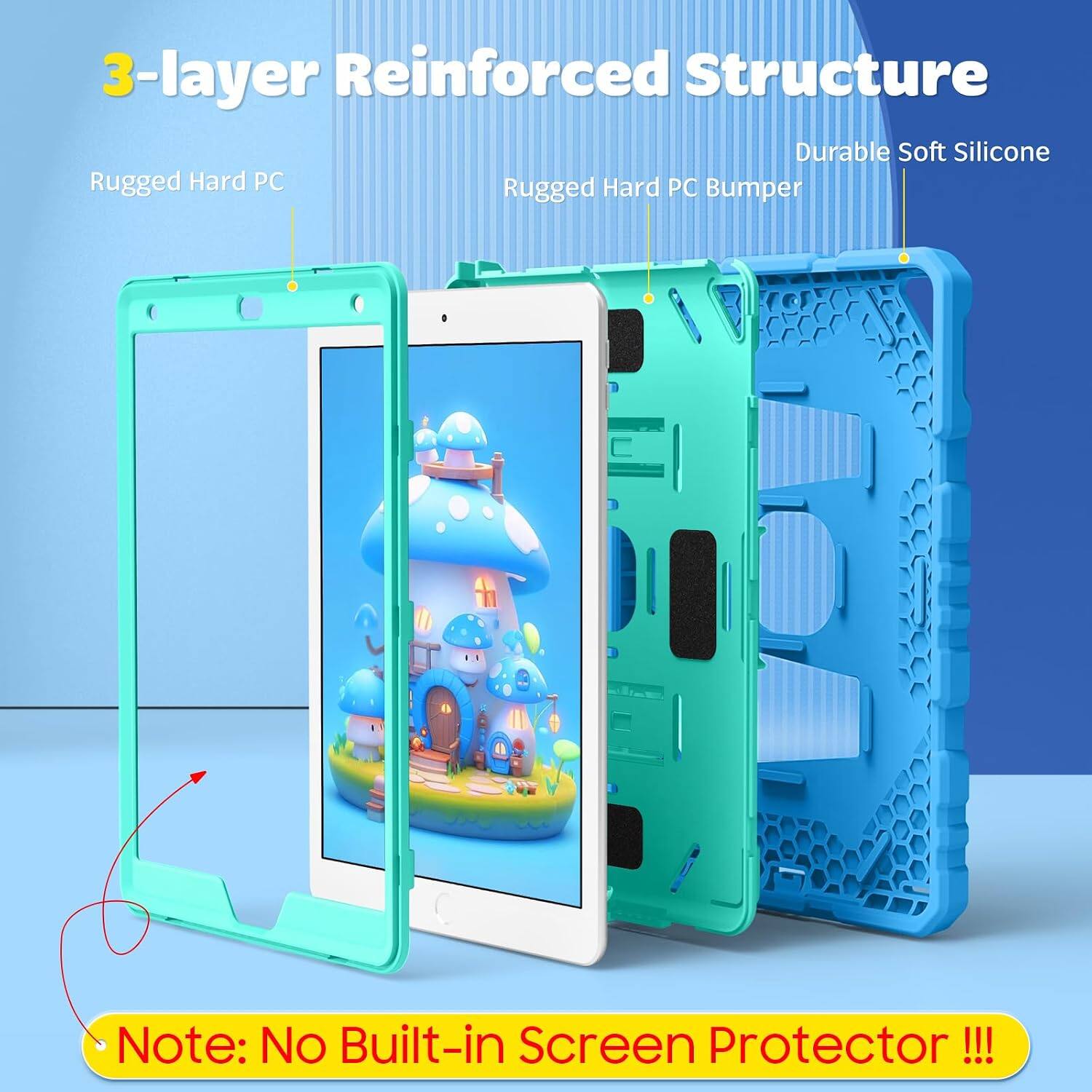 3-layer Reinforced Structure  
Durable Soft Silicone  
Rugged Hard PC  
Rugged Hard PC Bumper  

Note: No Built-in Screen Protector !!!