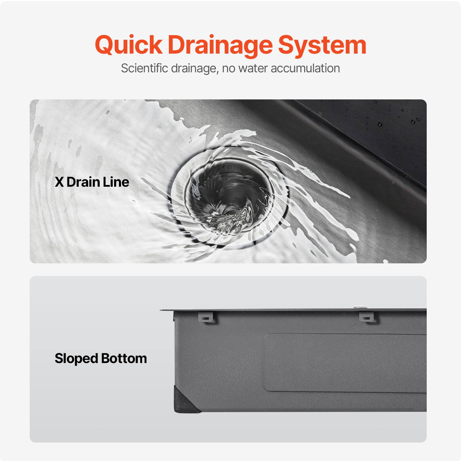 Quick Drainage System
Scientific drainage, no water accumulation
X Drain Line
Sloped Bottom