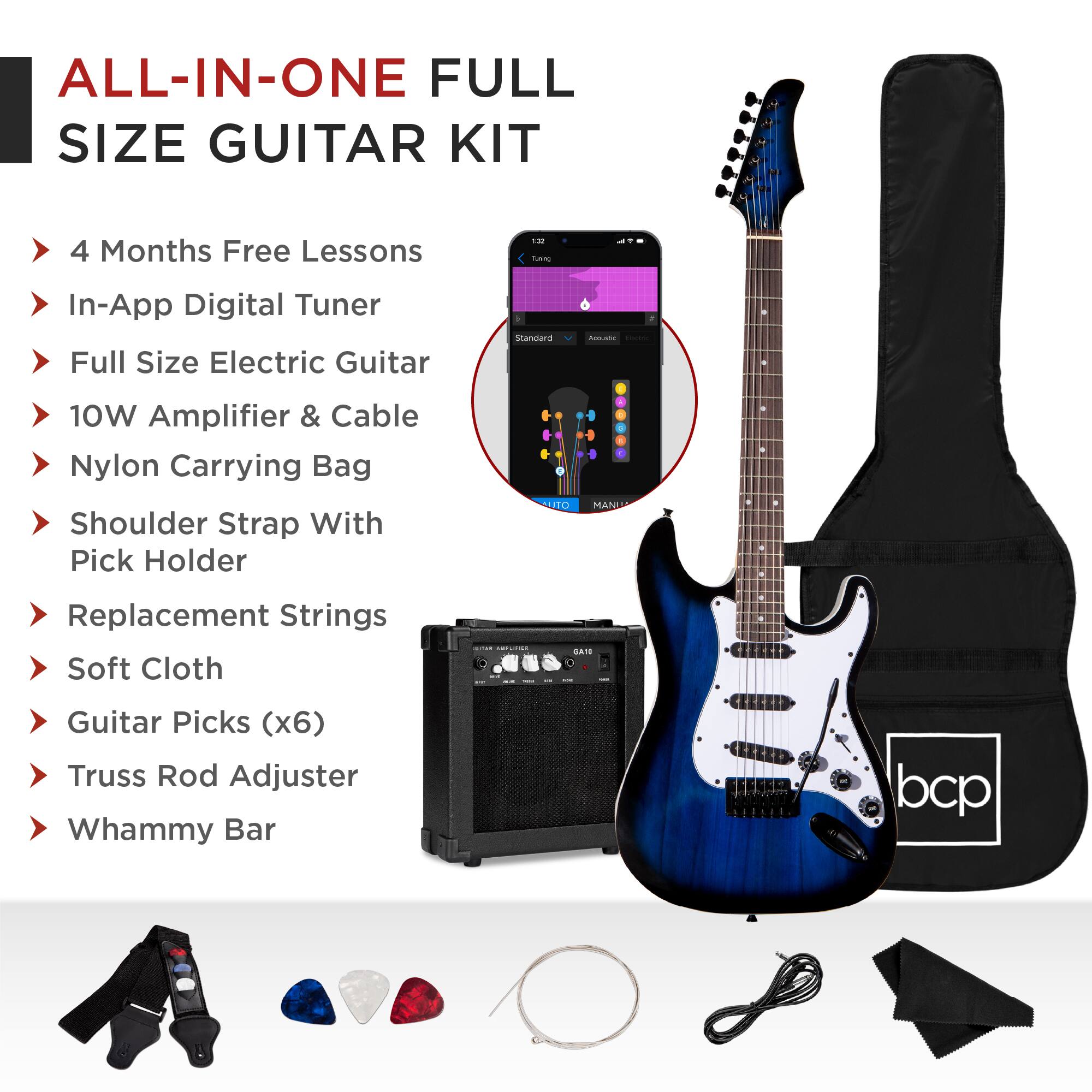 ALL-IN-ONE FULL SIZE GUITAR KIT

- 4 Months Free Lessons
- In-App Digital Tuner
- Full Size Electric Guitar
- 10W Amplifier & Cable
- Nylon Carrying Bag
- Shoulder Strap With Pick Holder
- Replacement Strings
- Soft Cloth
- Guitar Picks (x6)
- Truss Rod Adjuster
- Whammy Bar