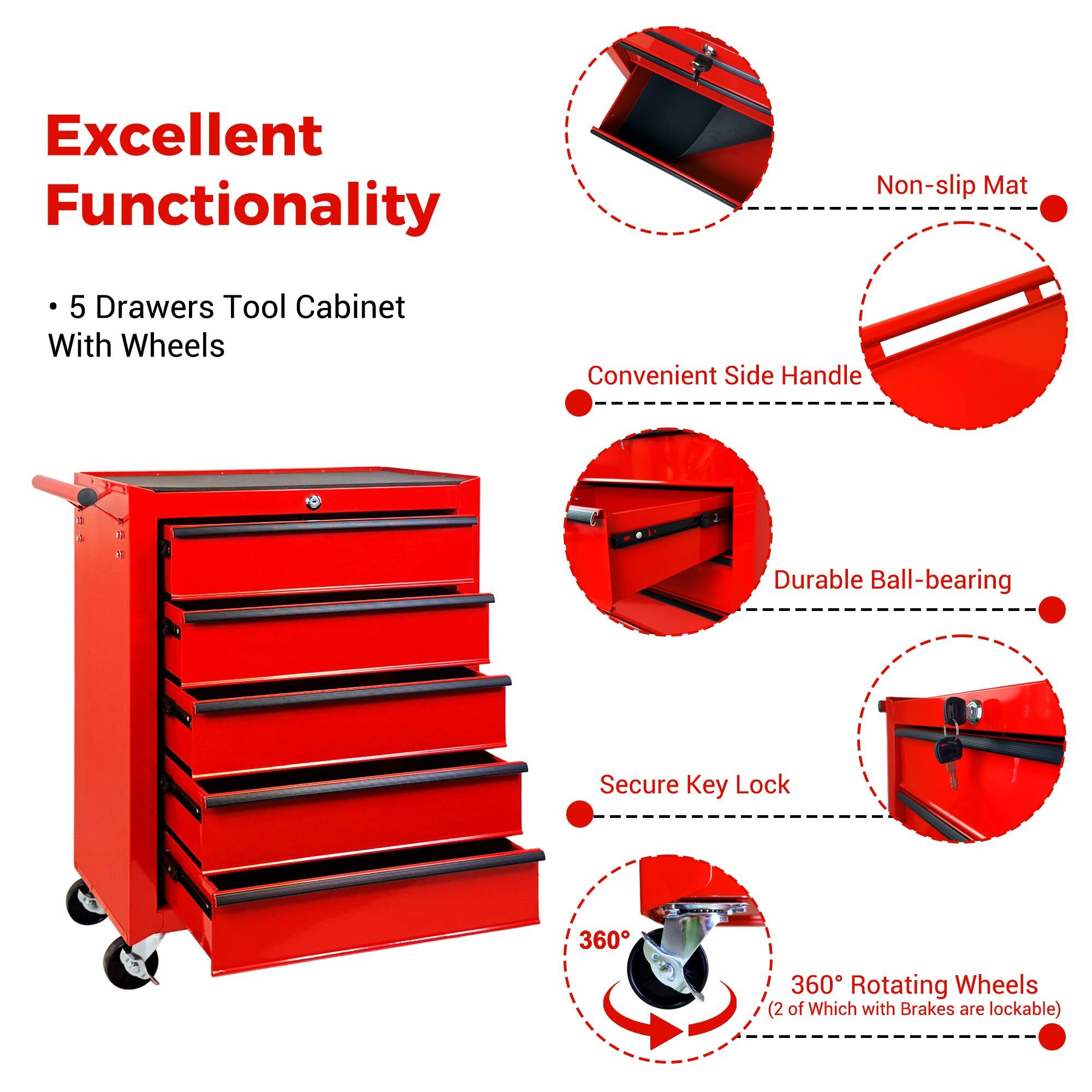 Excellent Functionality  
5 Drawers Tool Cabinet With Wheels  
Convenient Side Handle  
Durable Ball-bearing  
Secure Key Lock  
360° Rotating Wheels (2 of Which with Brakes are lockable)