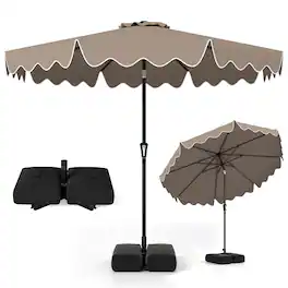 Costway - 9 FT Patio Umbrella with Weighted Base Sandbags Push Button Tilt Crank Sturdy Ribs - Brown