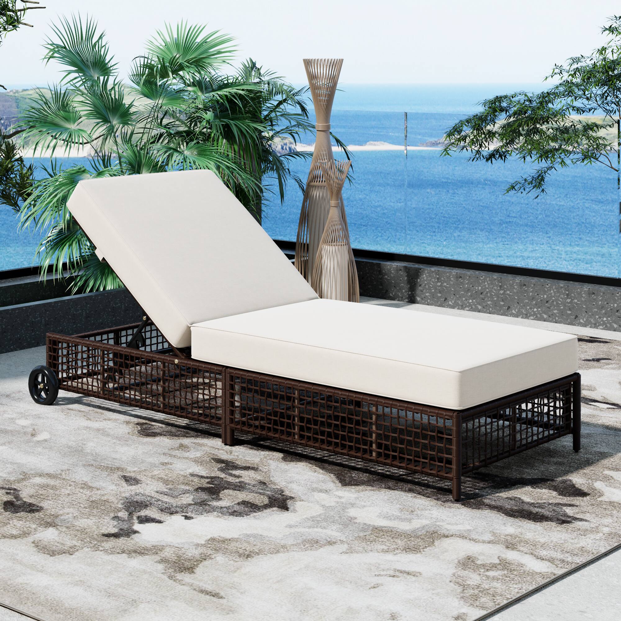 Front. Tiramisubest - Outdoor Rattan Chaise Lounge with 5-Position Backrest,Cushion and Wheels for Poolside,Backyard,Garden (Brown+Beige) - Brown+Beige.