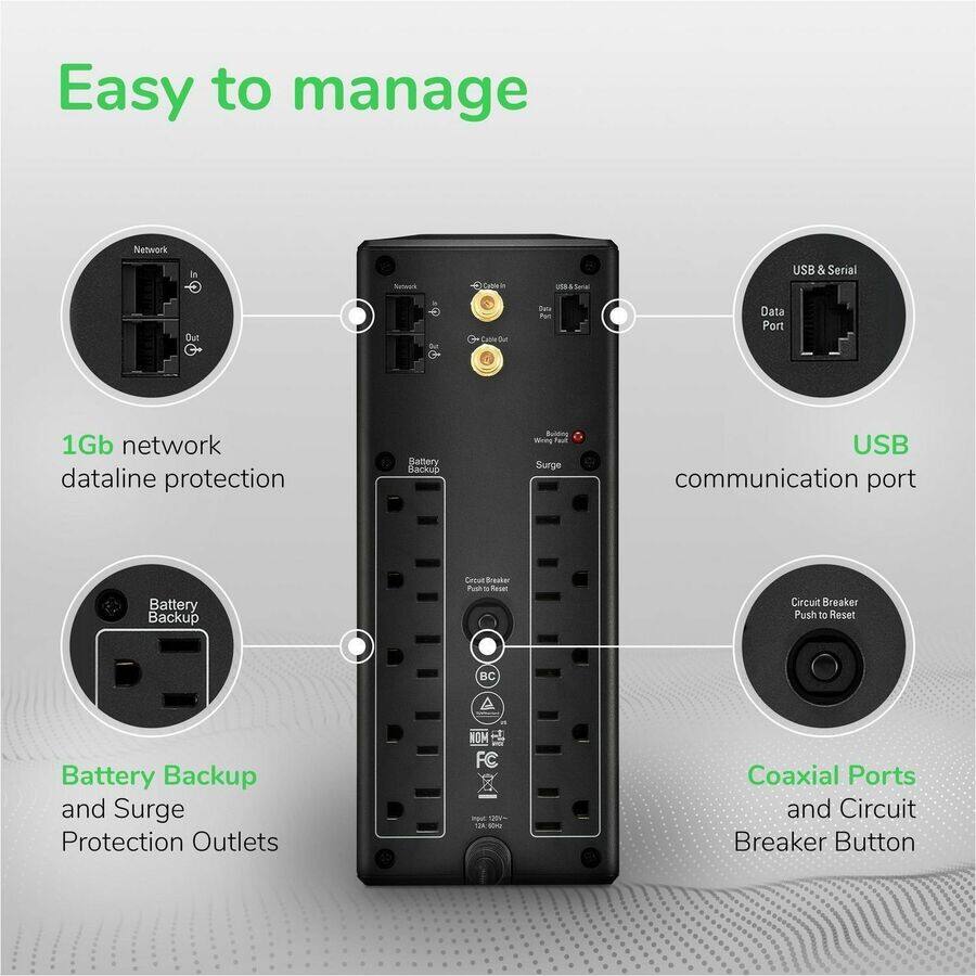 Easy to manage

- 1Gb network dataline protection
- Battery Backup and Surge Protection Outlets
- USB & Serial Data Port
- USB communication port
- Coaxial Ports and Circuit Breaker Button
- Circuit Breaker Push to Reset
- Battery Backup
- Network
- Surge
- Reset Circuit Breaker Push to Reset