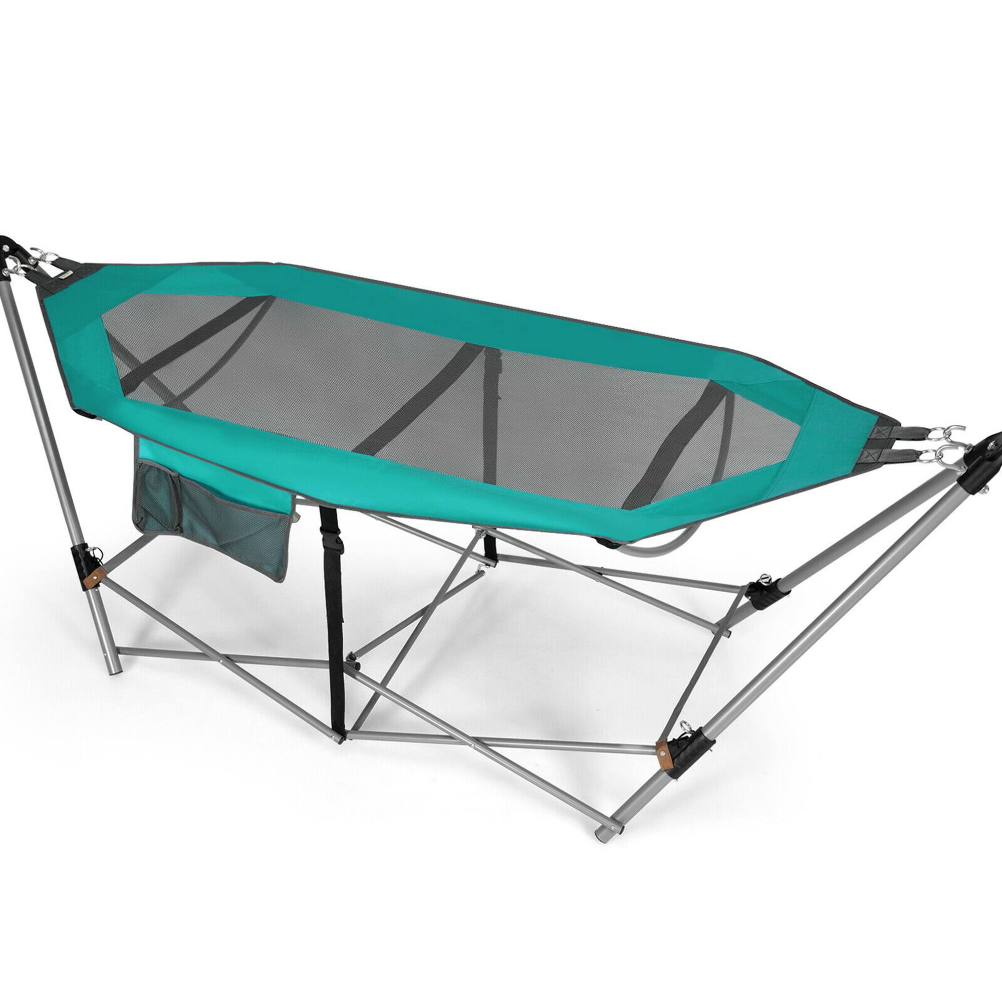 Alt View 7. Costway - Costway Folding Hammock Indoor & Outdoor Hammock with Side Pocket & Iron Stand - Turquoise.
