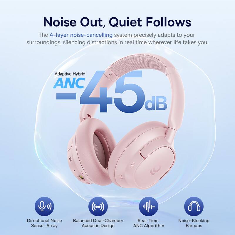 Noise Out, Quiet Follows

The 4-layer noise-cancelling system precisely adapts to your surroundings, silencing distractions in real time wherever life takes you.

Adaptive Hybrid ANC 45dB

- Directional Noise Sensor Array
- Balanced Dual-Chamber Acoustic Design
- Real-Time ANC Algorithm
- Noise-Blocking Earcups