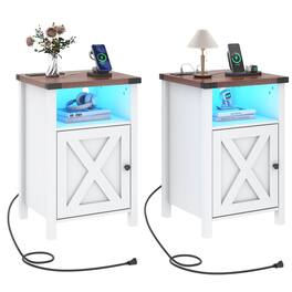 Lent Glitter Wood - Farmhouse Nightstand Set of 2 with LED Charging Station, Barn Door Design Storage Shelf, Bedside Table for Bedroom - White