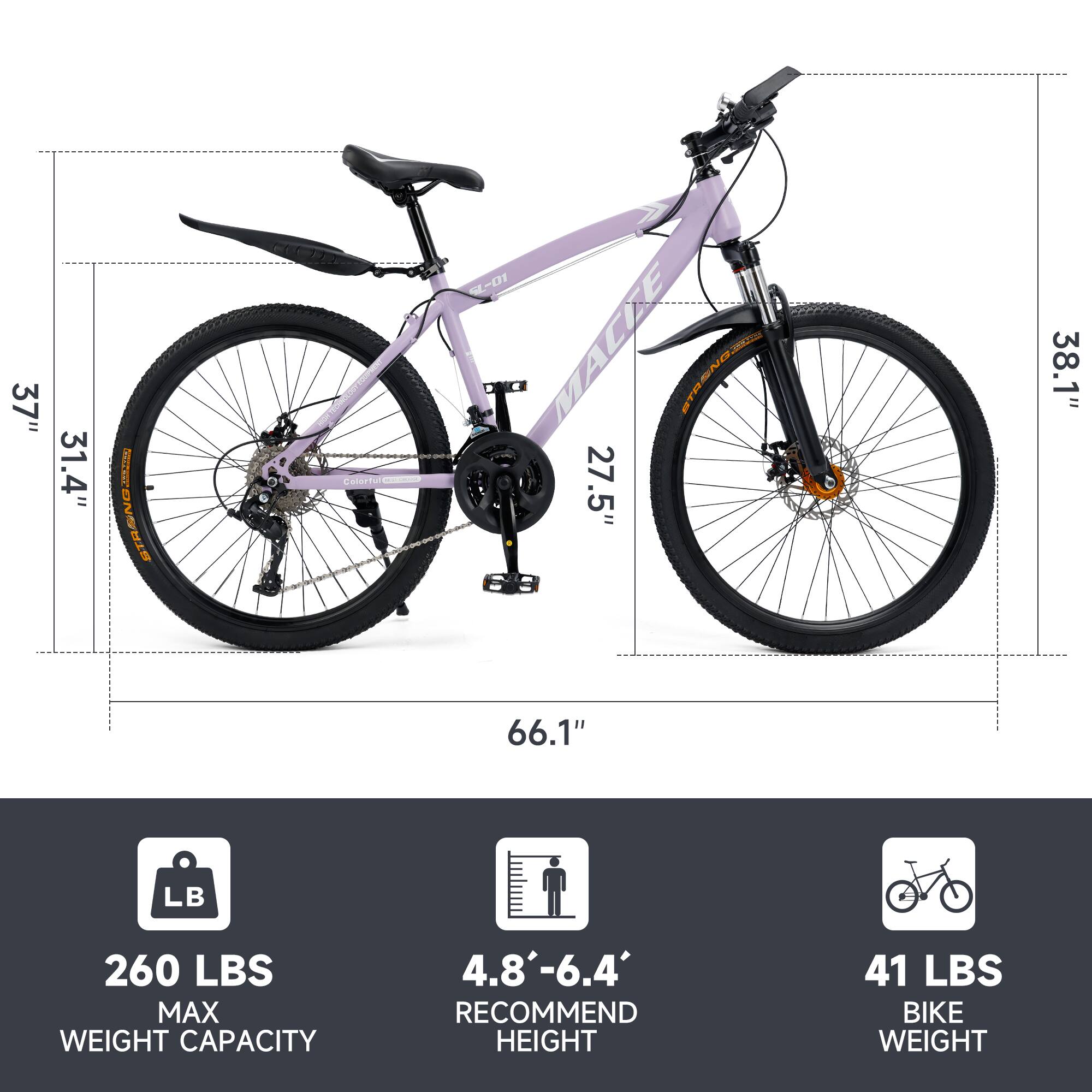 - 37" 31.4" 27.5" 38.1" 66.1"
- 260 LBS MAX WEIGHT CAPACITY
- 4.8'-6.4' RECOMMEND HEIGHT
- 41 LBS BIKE WEIGHT