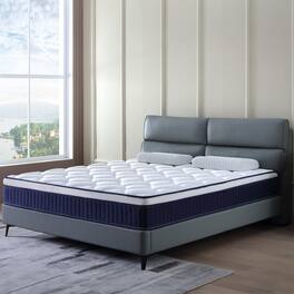 GOODSILO - 10-Inch Plush Gel Memory Foam Pocket Spring Hybrid Mattress in a Box with Certified Foam Support - Blue+Brown+White