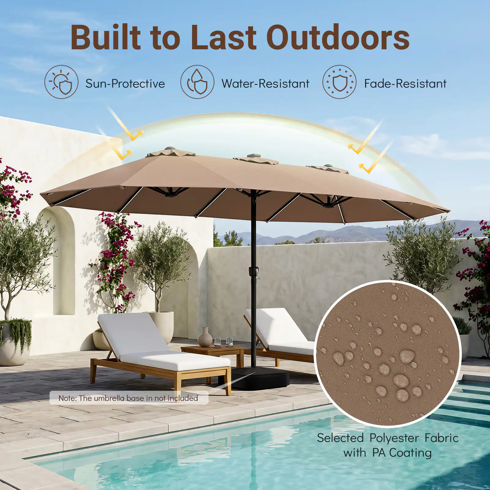 Built to Last Outdoors

Sun-Protective
Water-Resistant
Fade-Resistant

Note: The umbrella base is not included

Selected Polyester Fabric with PA Coating
