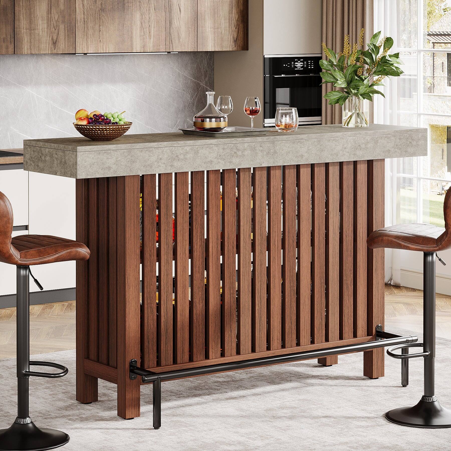 Angle. Tribesigns - Modern Bar Table with Adjustable Feet and Rectangular Top for Everyday Dining and Home Entertaining - Brown.