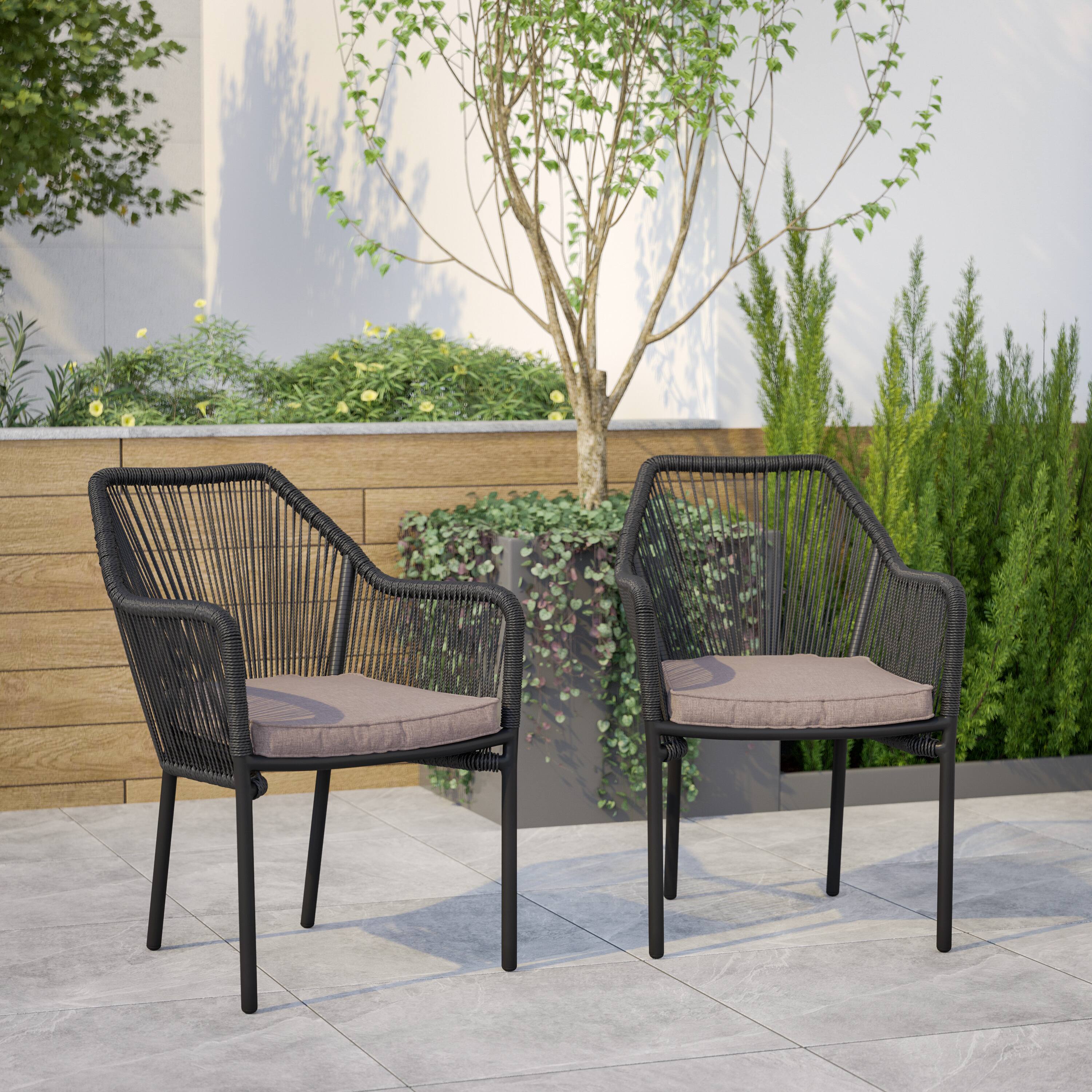 Alt View 2. Emma + Oliver - Talmadge Woven All-Weather Outdoor Two-Piece Club Chair Set with Coordinating Cushions for Porch, Backyard and Patio - Gray Cushion/Black Frame.