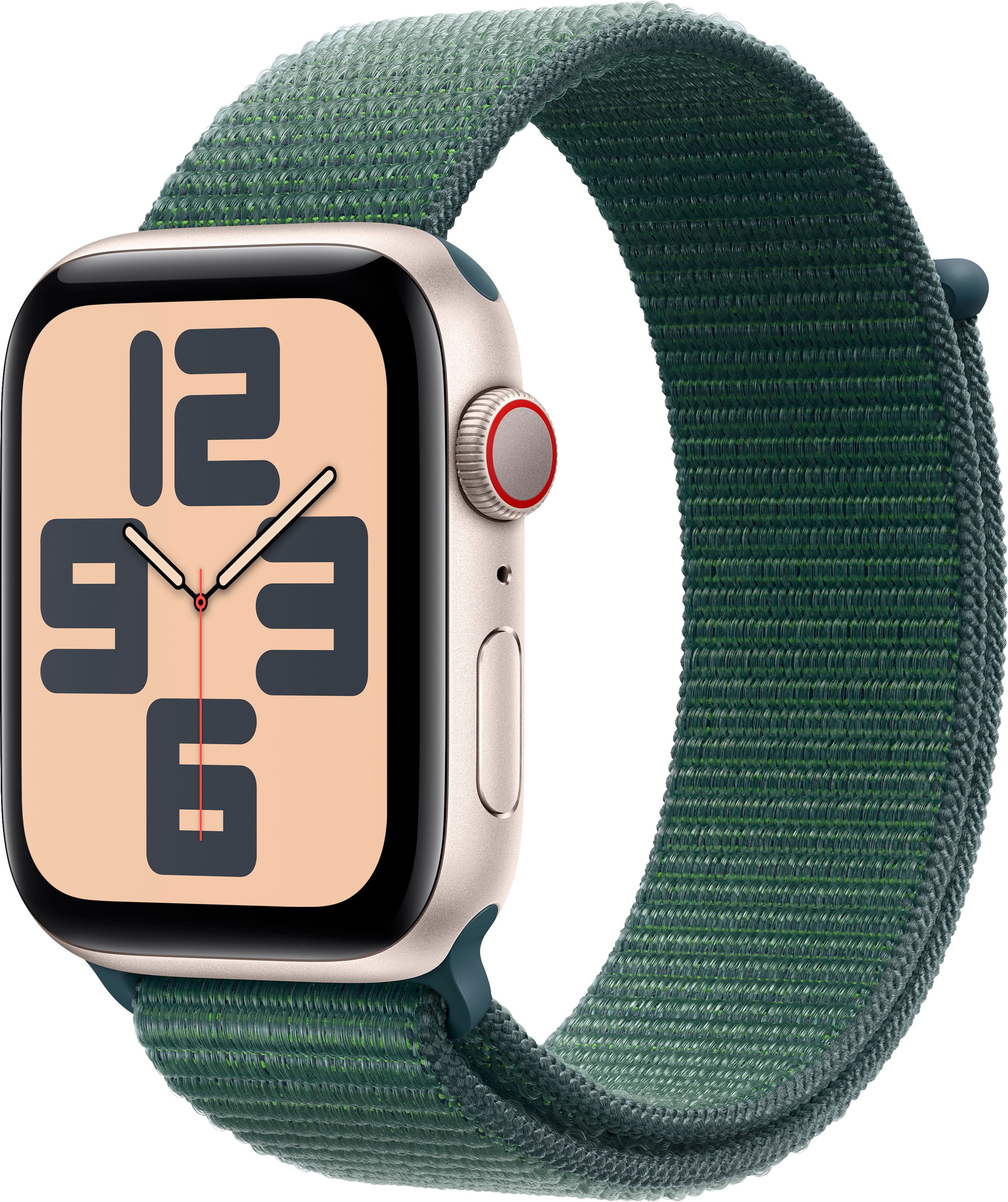 Angle. Apple - Apple Watch SE 2nd Generation (GPS+Cellular) 44mm Aluminum Case with Lake Green Sport Loop - Starlight.