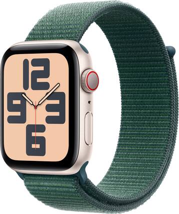 Angle. Apple - Apple Watch SE 2nd Generation (GPS+Cellular) 44mm Aluminum Case with Lake Green Sport Loop - Starlight.