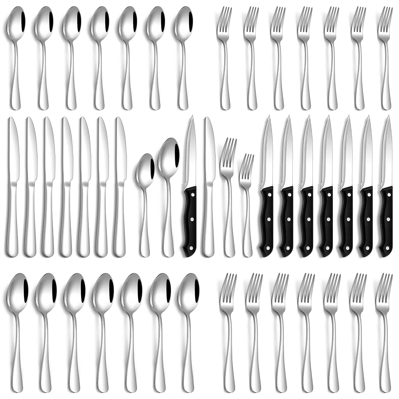 Front. Dazzed Corner - 48-Piece Flatware Set with Steak Knives for 8 - Silver.