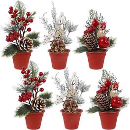 RTMB - Mini Christmas Tree Table Decorations, 6-Piece Artificial Trees with Pine Cones & Berries, Holiday Tabletop Centerpi - Red