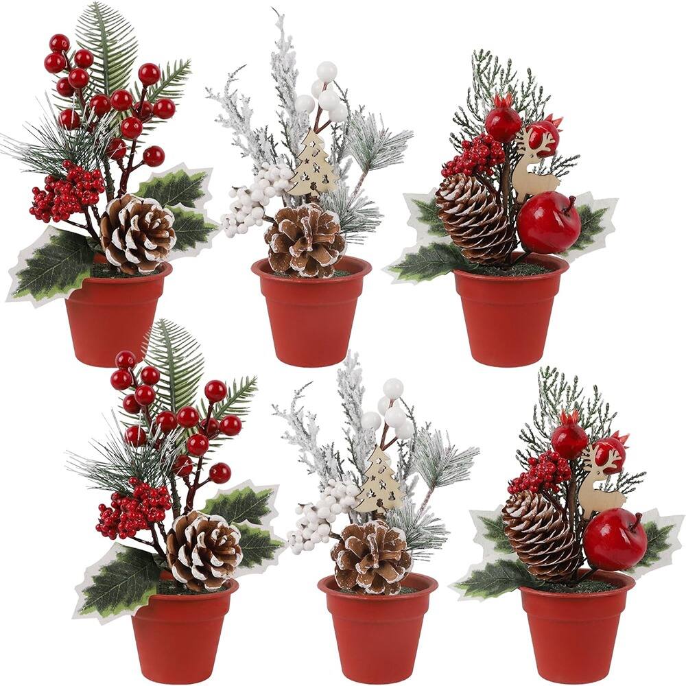 Front. RTMB - Mini Christmas Tree Table Decorations, 6-Piece Artificial Trees with Pine Cones & Red Berries, Holiday Tabletop Centerpi - Red.