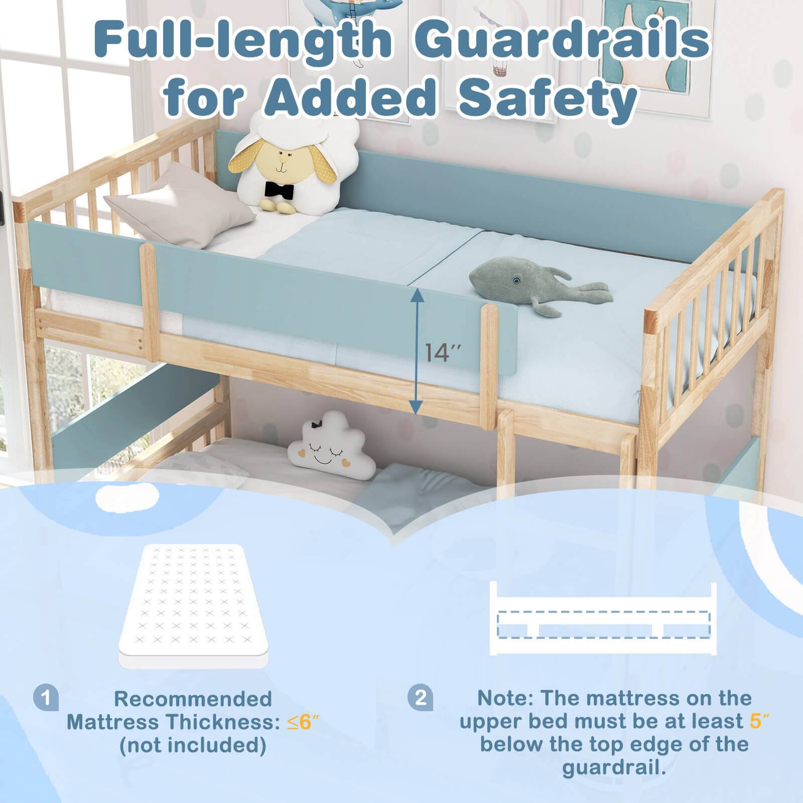 Full-length Guardrails for Added Safety: 14" 1 Recommended Mattress Thickness: <6" (not included) 2 Note: The mattress on the upper bed must be at least 5" below the top edge of the guardrail.
