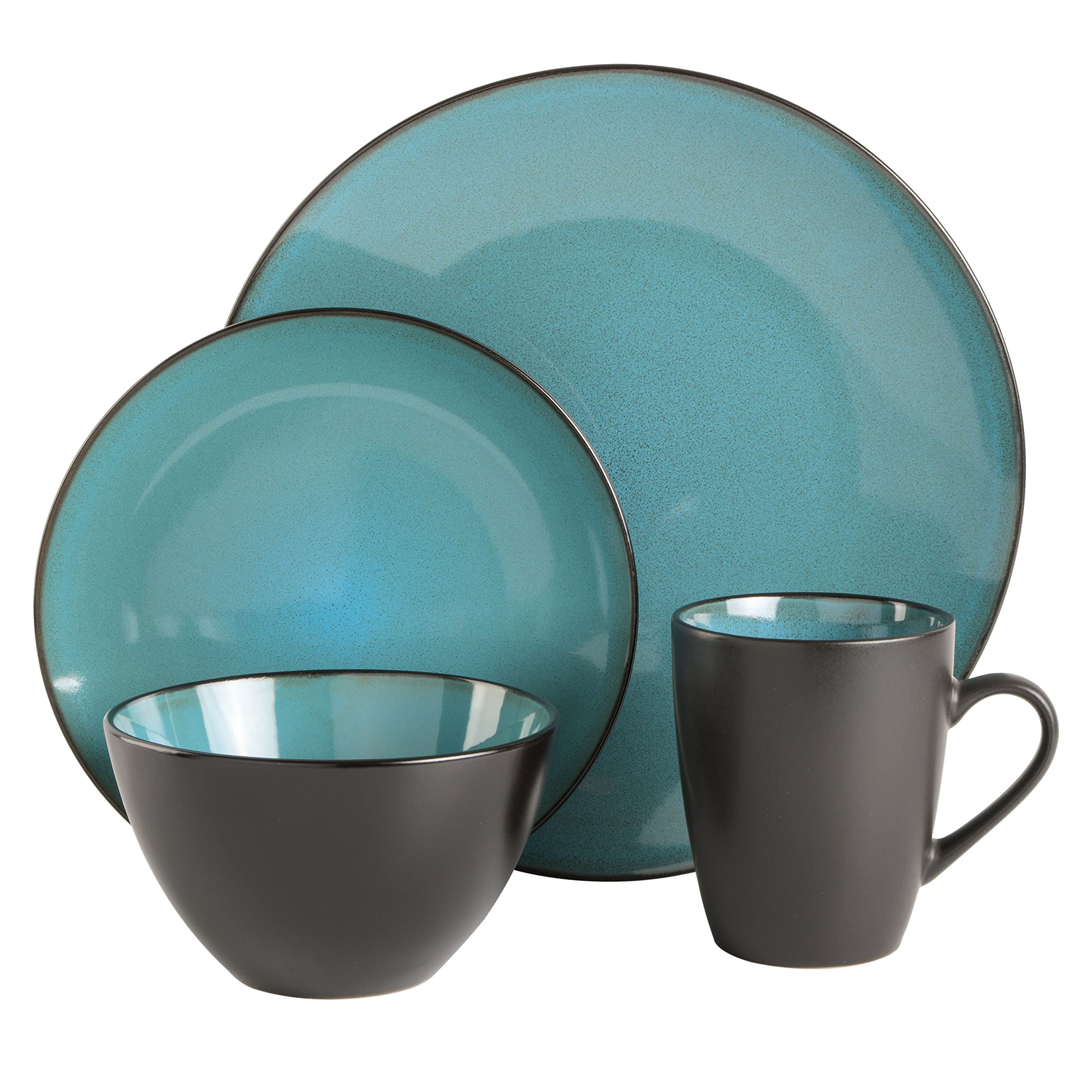 Angle. Dazzed Corner - Round Reactive Glaze Stoneware Dinnerware Set, Service for 4 (16pc) - Teal.