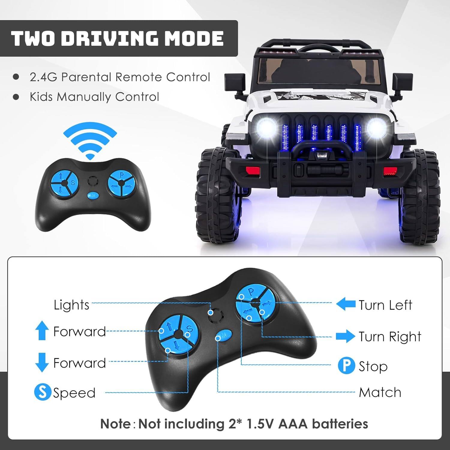 TWO DRIVING MODE

- 2.4G Parental Remote Control
- Kids Manually Control

Lights
Forward
Forward
S Speed

Turn Left
Turn Right
P Stop
Match

Note: Not including 2* 1.5V AAA batteries