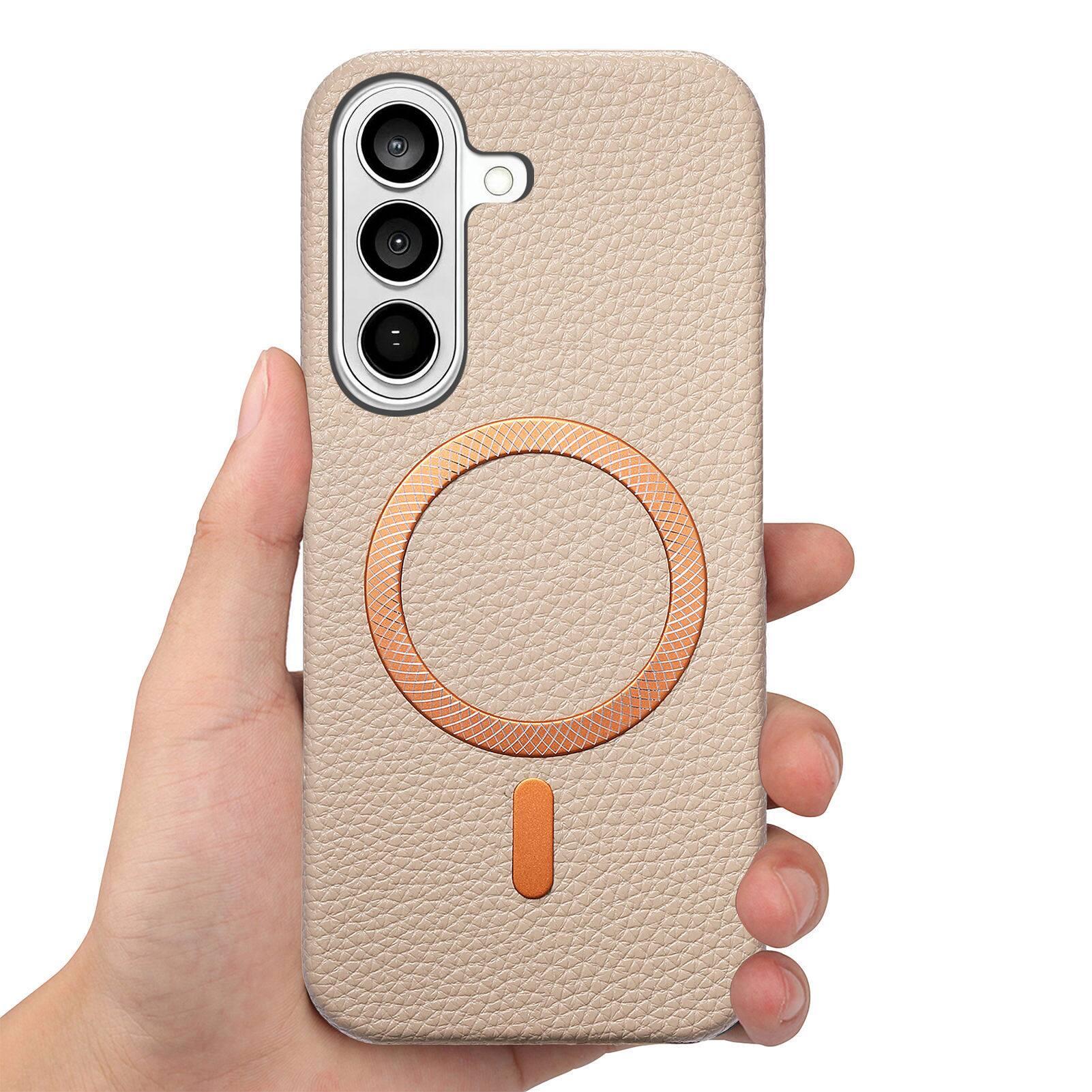 Back. Dteck - Lychee Texture Case for Samsung Galaxy S26+, Premium PU Leather Magnetic Shockproof Hard PC Cover with Raised Edges - Khaki.