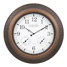 La Crosse Technology - 21 inch Indoor/Outdoor Atomic Metal Wall Clock with Temp & Humidity - Brown