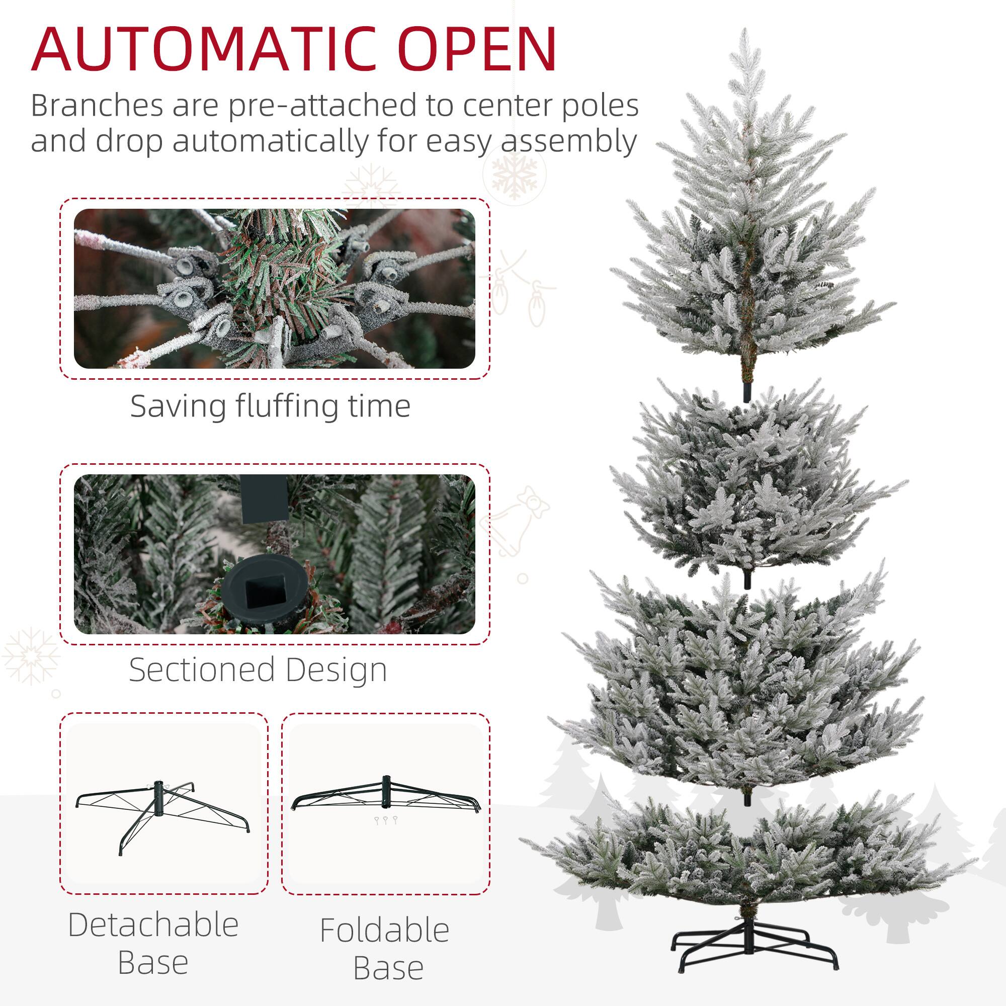 **AUTOMATIC OPEN**

- Branches are pre-attached to center poles and drop automatically for easy assembly
- Saving fluffing time
- Sectioned Design
- Detachable Base
- Foldable Base