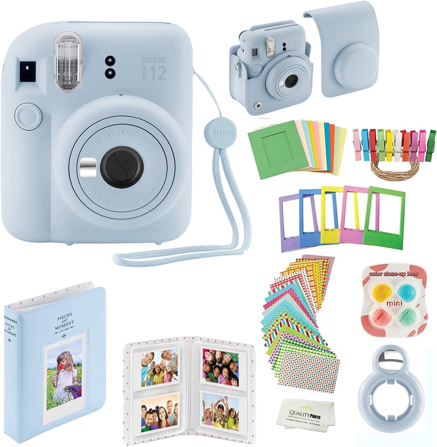 Fujifilm - Instax Mini 12 Instant Camera with Case, Decoration Stickers, Frames, Photo Album and More Accessory kit - Pastel Blue