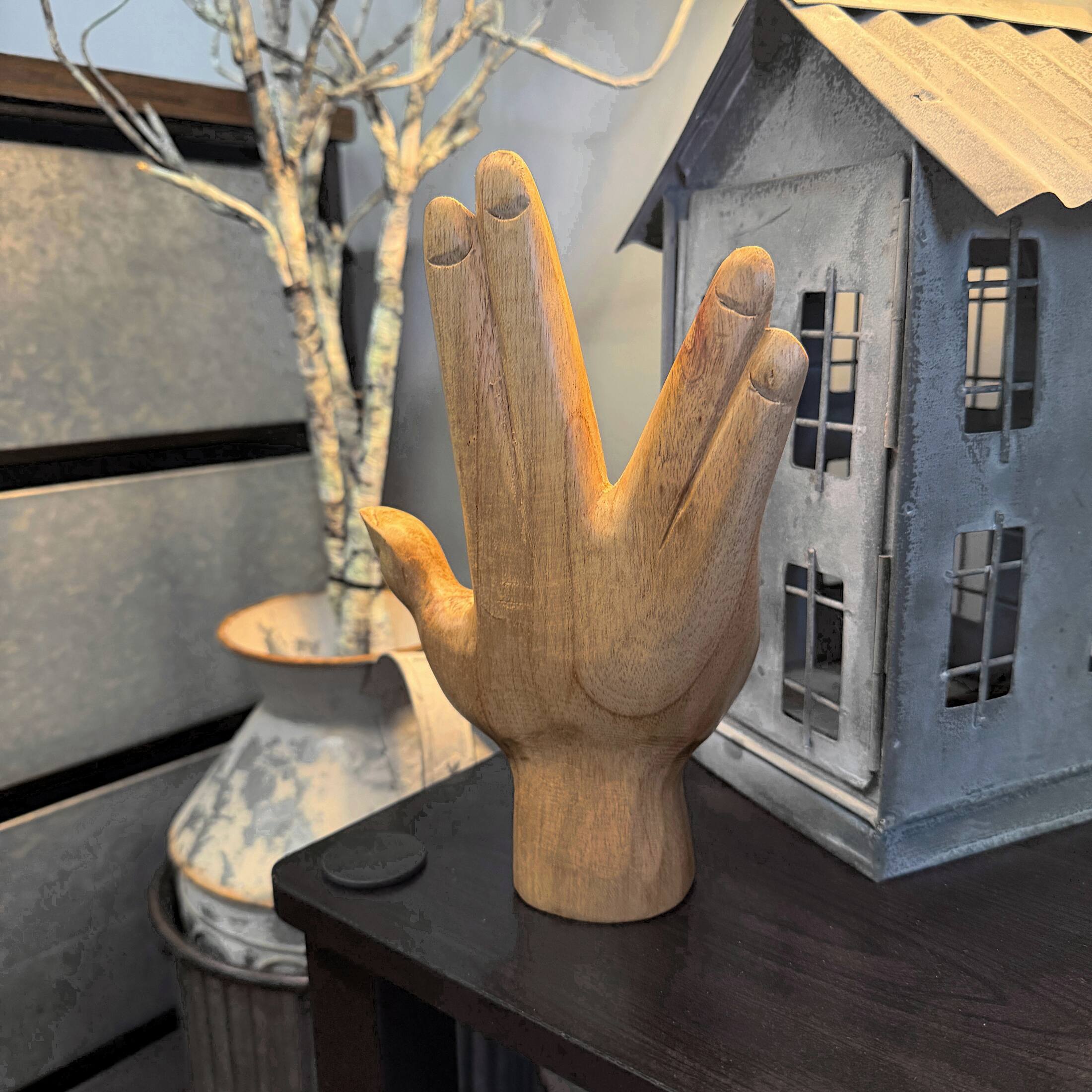 Alt View 5. Zeckos - Split-Finger Hand Sculpture Carved Natural Albesia Wood 7.75 Inch Tabletop - Natural.