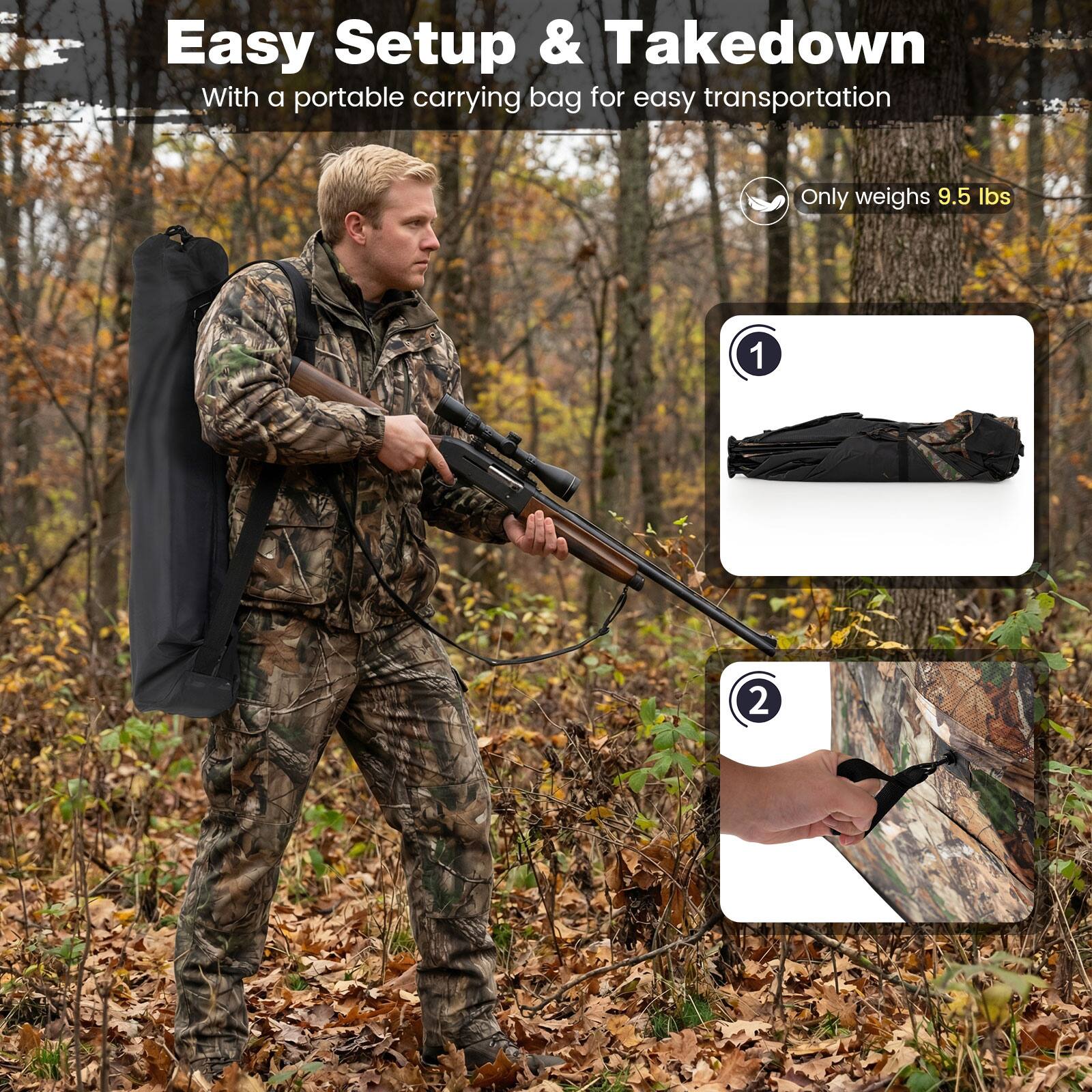 Easy Setup & Takedown  
With a portable carrying bag for easy transportation  
Only weighs 9.5 lbs