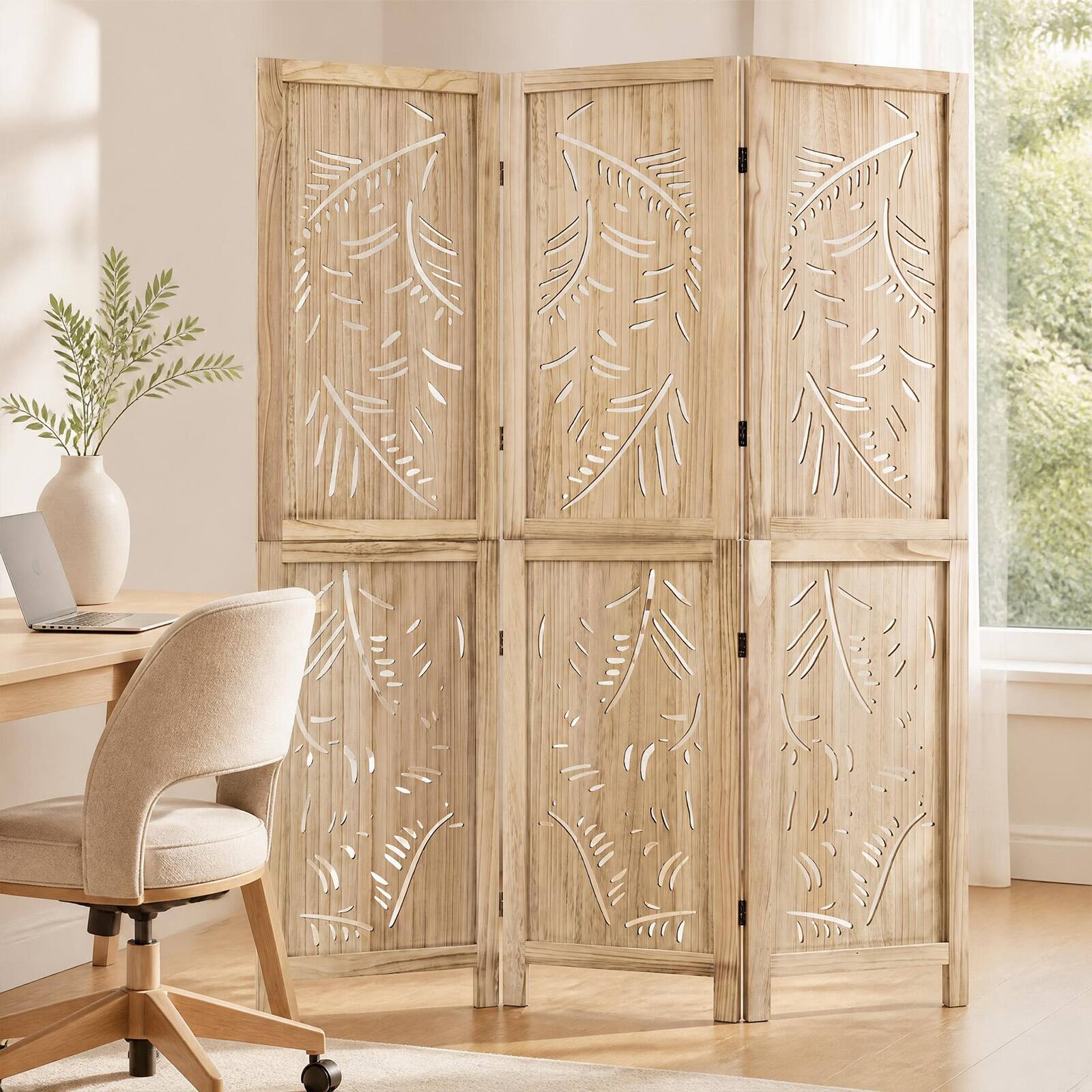 Alt View 1. Costway - Costway 3-Panel Wooden Room Divider Privacy Screen with Palm Leaf Design Panels for Home - Natural.
