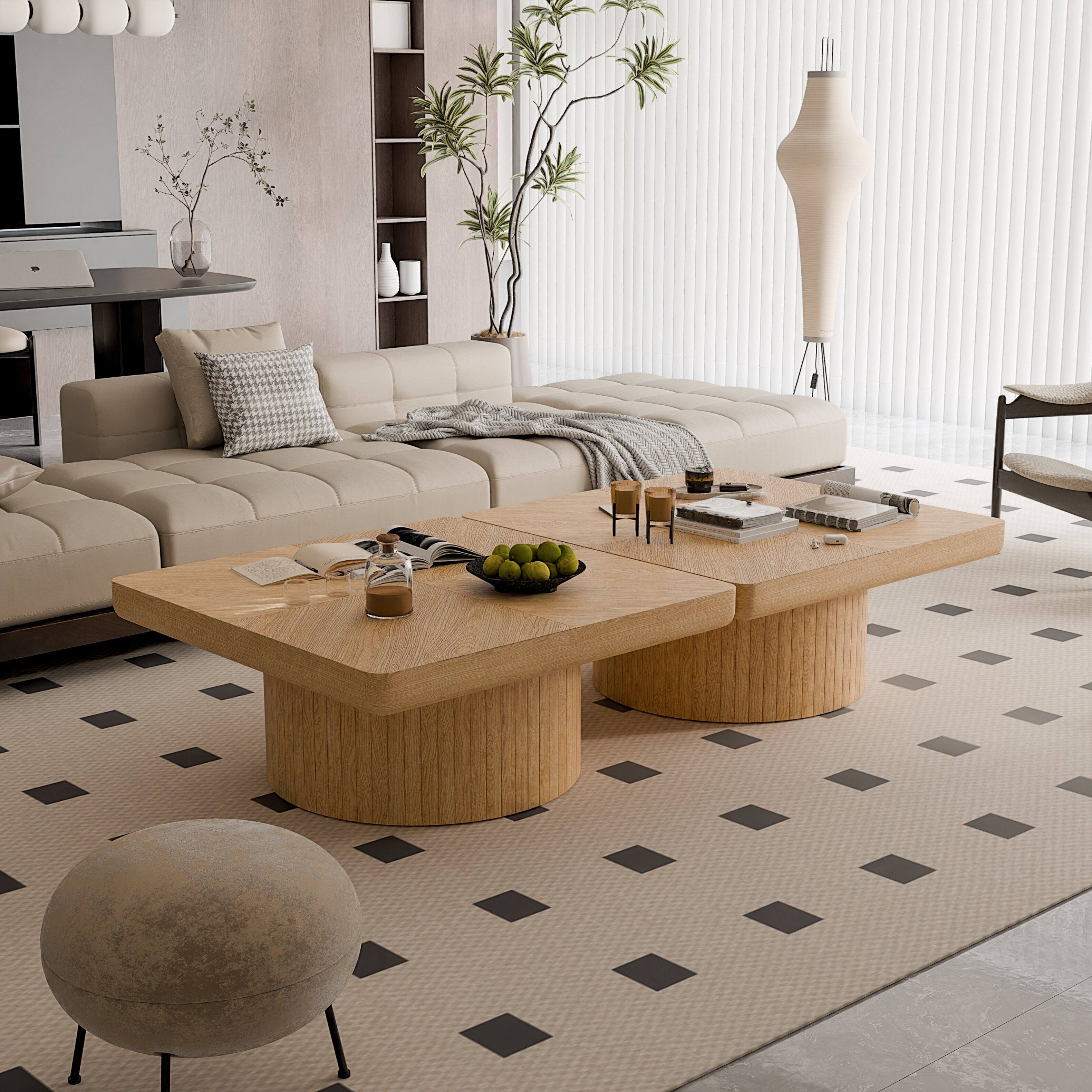Left. Loheer - Loheer 34.6 Inch Square Coffee Table Modern Wood Veneer Center Table with Parquet Pattern and Cylindrical Base Natural - Natural Wood.